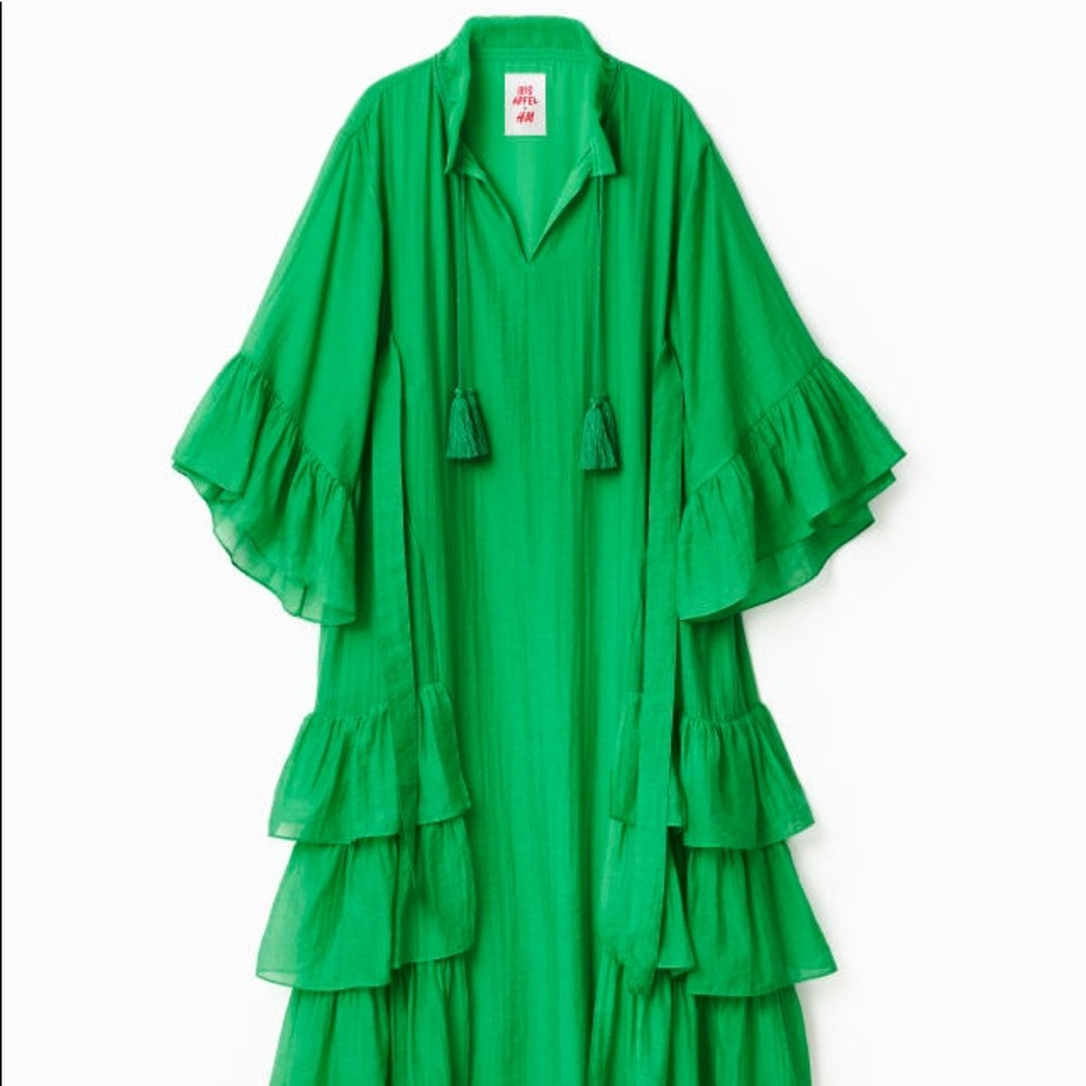 IRIS APFEL x H&M GREEN LONG FLOWY RUFFLED KAFTAN KIMONO STYLE DRESS